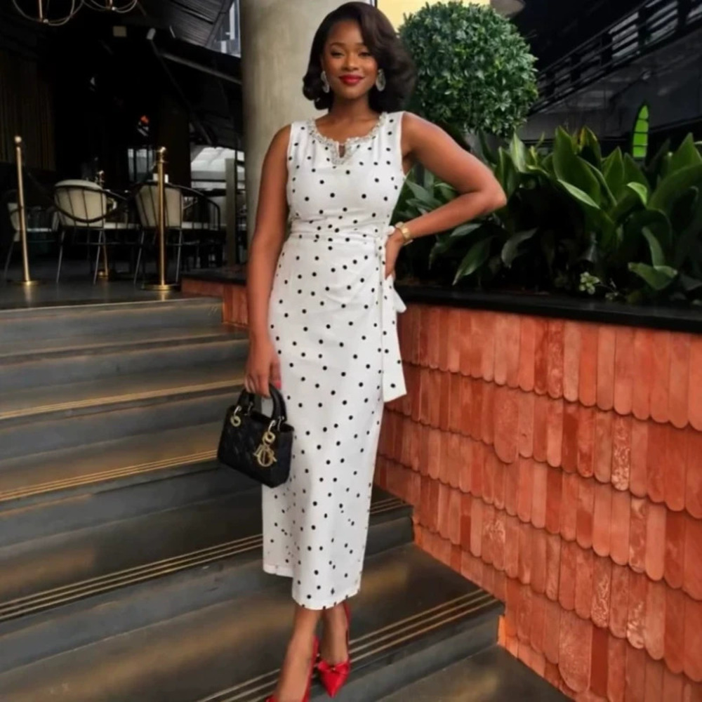 African Design Polka Dot Sleeveless High Waist Slim Maxi Dress For Women